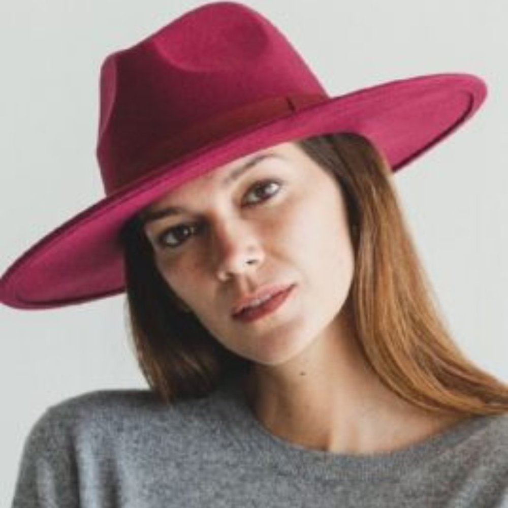 Flat Brim Fedora Hat - Burgundy - Picture 2 of 3